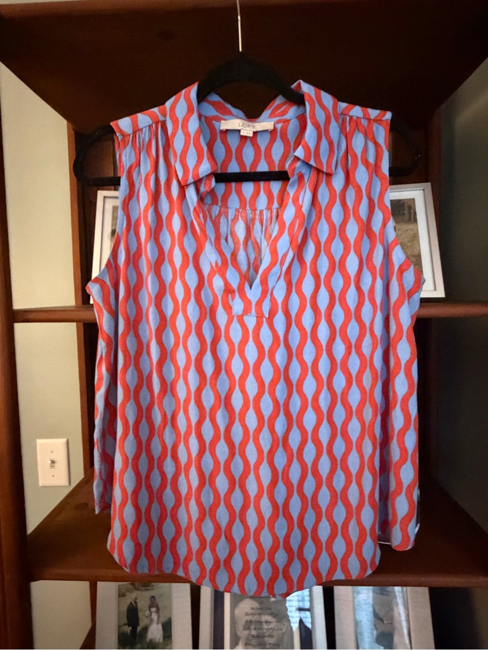 LOFT Blue and Orange Sleeveless Wave-Print Collared Blouse